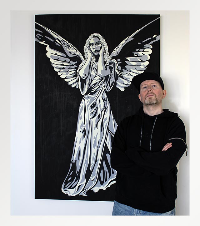 Kelmin Lumo with Guardian Angel painting