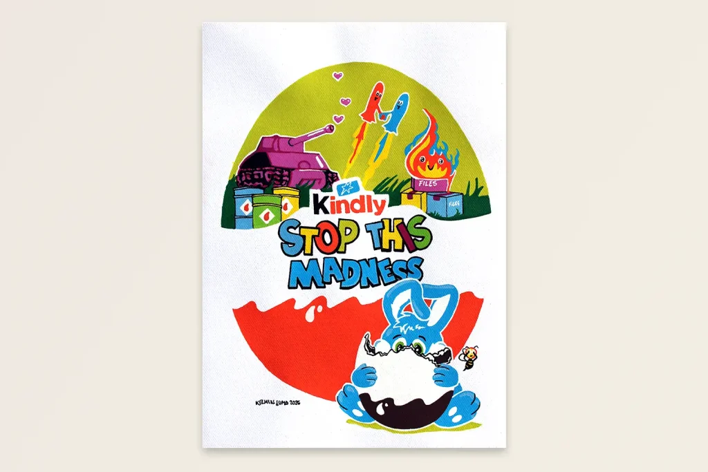 Teos Kindly Stop This Madness varjostuksella ja vaalealla taustalla